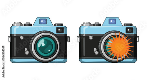 Vector illustration of two vintage-style cameras, one showing a bright flash explosion effect
