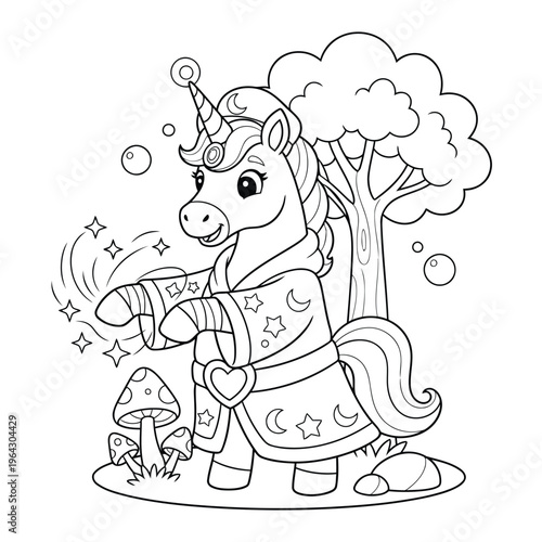 Unicorn wizard cartoon coloring page casting magic spells in fantasy forest