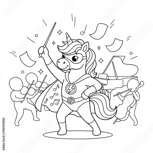 Unicorn music conductor leading orchestra with baton and instruments in cartoon style