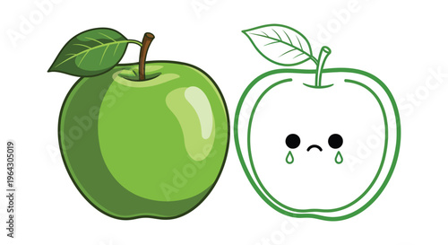 Cute green apple illustration alongside a sad, crying outline cartoon vector graphic