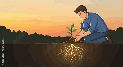 Cartoon illustration of a young man planting a small tree with deep glowing roots visible underground during a golden sunset.