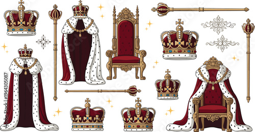 Royal crown throne and scepter collection detailed king queen monarchy symbols luxury vintage vector illustration isolated on white background