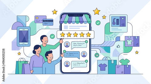 Mobile E-commerce Concept Illustration with Customer Reviews, Five Star Rating, and Digital Shopping Experience