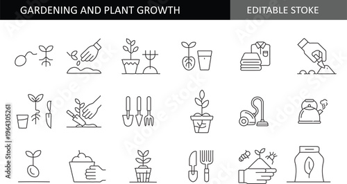 Gardening and Plant Growth Line Icon Set - Minimalist Outline Vector Collection Featuring Seed Sowing, Potting, Soil Spading, Garden Tools, Trowel, Rake, and Young Sprout Growth Stages for Agriculture