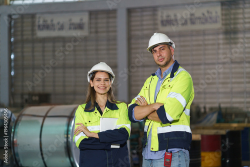 A man and a woman workers are standing in a factory, They wear a yellow and white safety helmet for safety.