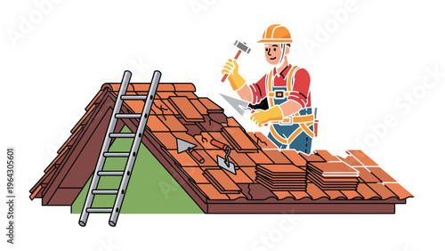 Roofing Installation: A construction worker skillfully installs clay tiles on a rooftop, demonstrating expertise and precision in the building industry.