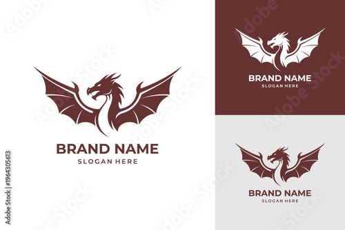 A set of powerful dragon logo designs with outstretched wings, presented in dark red and white variations, suitable for branding.