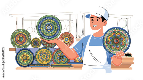 Artisan showcasing Decorative Plates: A skilled craftsman proudly presents his collection of meticulously handcrafted decorative plates, each a testament to artistry and cultural heritage.