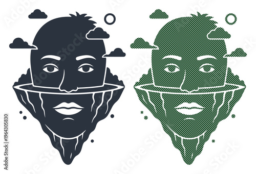 Abstract floating head illustration with clouds and rocky terrain