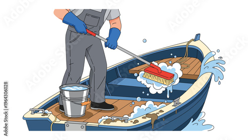Maintaining Afloat: A meticulous boatman scrubs a quaint boat, removing all the dirt and making sure the watercraft is tidy and functional.