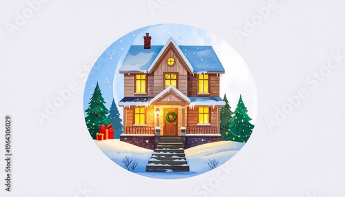 A cozy two-story house, nestled in a snowy winter scene, adorned with festive decorations and glowing windows
