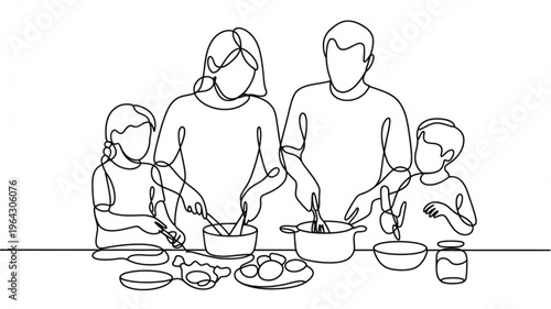 Continuous line drawing of a family cooking together simple illustration for home life and food preparation concepts isolated on white