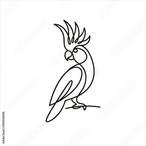 Elegant continuous line art drawing of a cockatoo parrot.