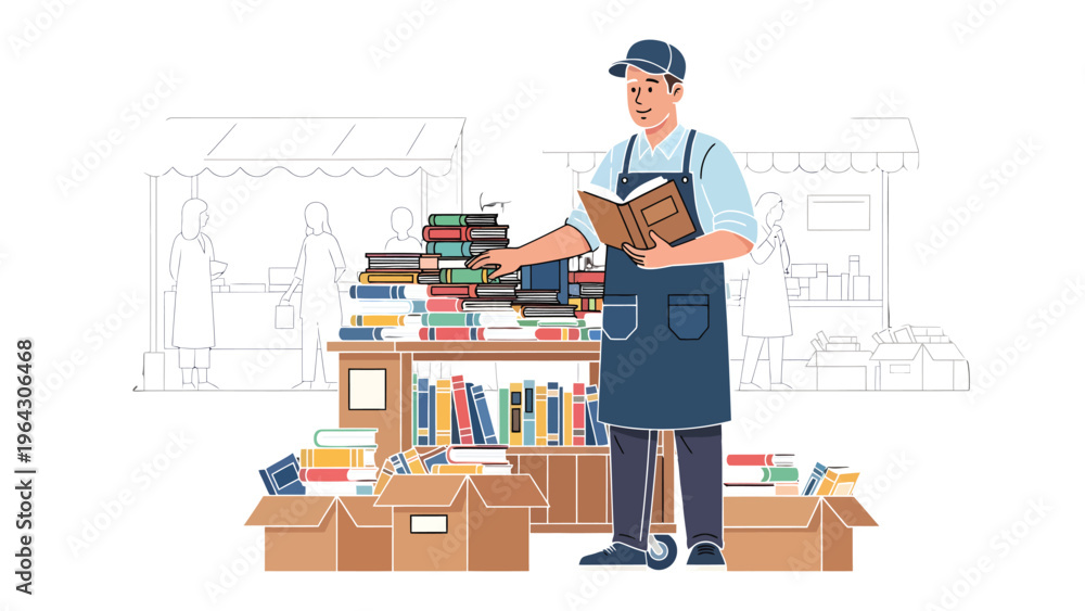 Αυτοκόλλητο Bookstore scene: a bookseller is in his shop with books