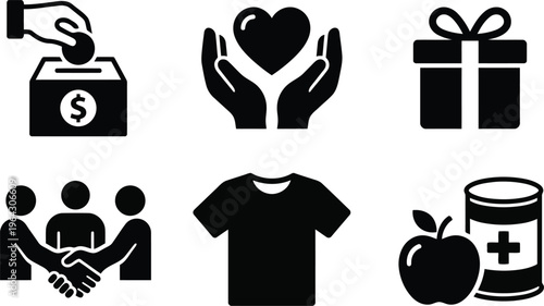 Collection of simple black and white vector graphic icons representing various charitable donation concepts for social good initiatives