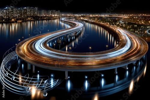 Winding highway with light trails at night