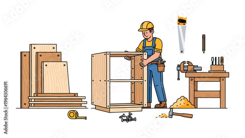 Crafting Progress: A focused craftsperson meticulously constructs a wooden cabinet, demonstrating the precision and care of traditional woodworking with various tools.