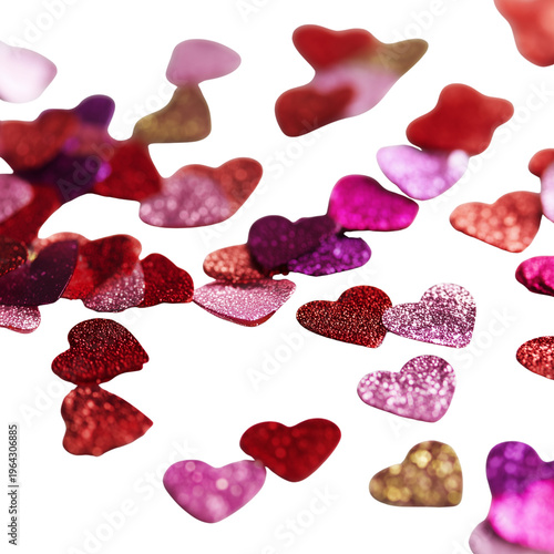 colorful heart-shaped confetti pieces isolated on transparent background