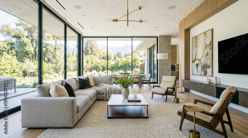 Salón moderno de lujo con diseño elegante, grandes ventanales y luz natural en ambiente minimalista.
