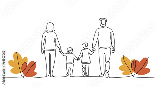 Continuous line drawing of a happy family holding hands with autumn leaves representing togetherness and fall season isolated on white