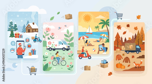 E-commerce Delivery and Online Shopping Logistics Throughout All Four Seasons: Winter, Spring, Summer, and Autumn Vector Illustration