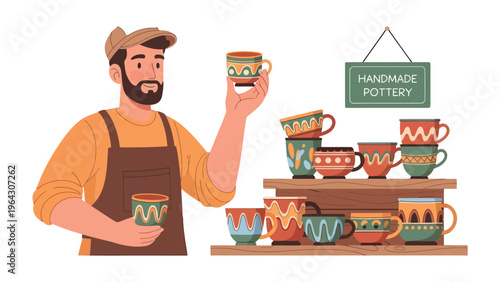 Craftsman's Ceramic Showcase: A skilled craftsman, surrounded by his vibrant handmade pottery, showcases his artistic creations.