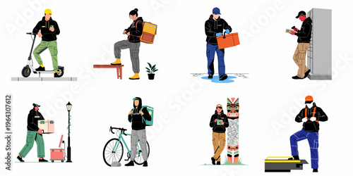 Set of diverse delivery service couriers in flat vector style, featuring professionals with bicycles, scooters, and backpacks delivering food and parcels in urban settings.