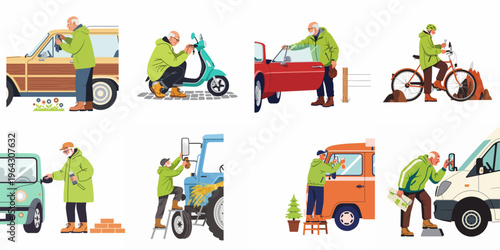 Vector illustration set of an active senior man cleaning, repairing, and preparing various vehicles including cars, bikes, scooters, and a tractor.