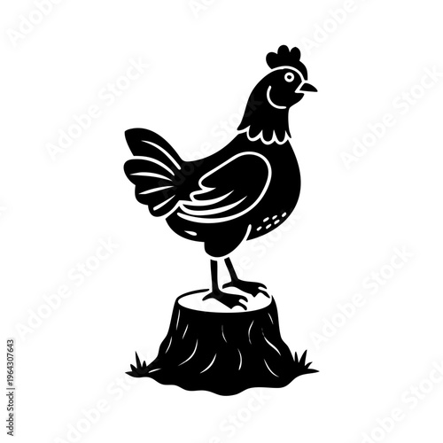 Single chicken roosting on old tree stump, farm bird shown in simple black silhouette. Domestic fowl comfortably perched on rough cut wood stump, chicken roosting conveys rustic farm life.