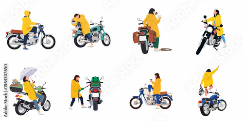 Flat vector illustrations set of a woman in a yellow raincoat interacting with motorcycles and scooters in various travel and leisure activities.
