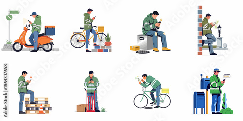 Collection of delivery courier illustrations featuring workers in green uniforms using smartphones for logistics, navigation, and order management across various urban settings.