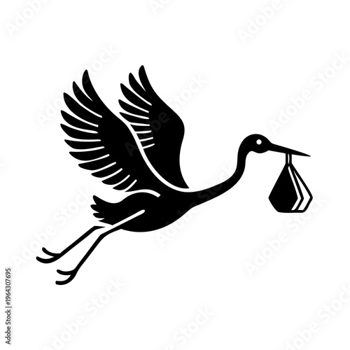 Black silhouette stork delivers baby, flying gracefully with bundle. Symbolic stork delivers baby illustration for birth announcement, new life. Graphic stork delivers baby perfect for maternity.