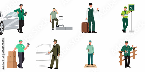 Set of hospitality and transportation service staff illustrations including valets chauffeurs porters and delivery workers in green uniforms