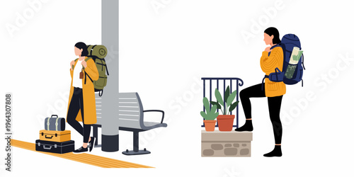 Flat vector illustration of a female traveler with backpacks and luggage at a station and exploring with a map.