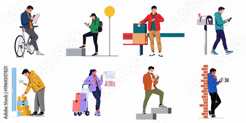 Illustration set of delivery people and couriers using modern technology, maps, and scanners for package distribution, shipment tracking, and urban logistics.