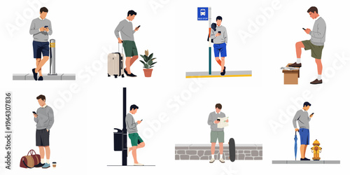 Set of flat vector illustrations depicting a young man using his smartphone in various urban and travel scenarios, including commuting and waiting.