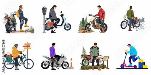 Diverse set of flat vector illustrations featuring people with various two-wheeled vehicles including motorcycles, scooters, bicycles, and e-scooters in different activities.