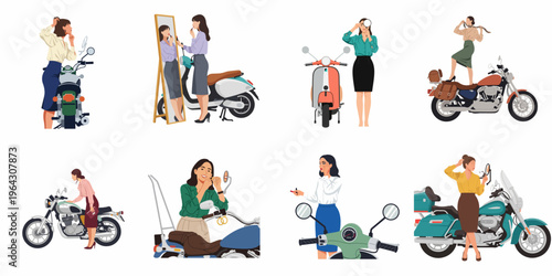 Collection of stylish women grooming and applying makeup while posing with motorcycles and scooters, illustrating a modern urban lifestyle and feminine confidence.