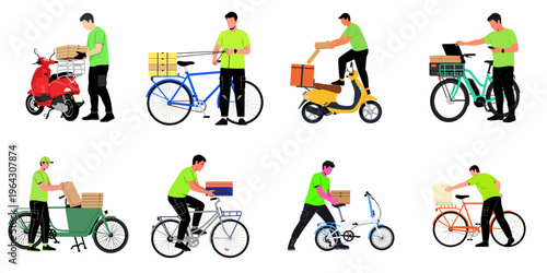 Set of diverse delivery couriers on bicycles and scooters delivering pizza boxes in flat vector illustration style, isolated on white background.