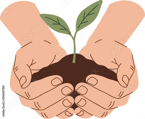 Hand drawn illustration of human hands cupping fertile soil and a small green seedling sprout for growth and environmental sustainability.