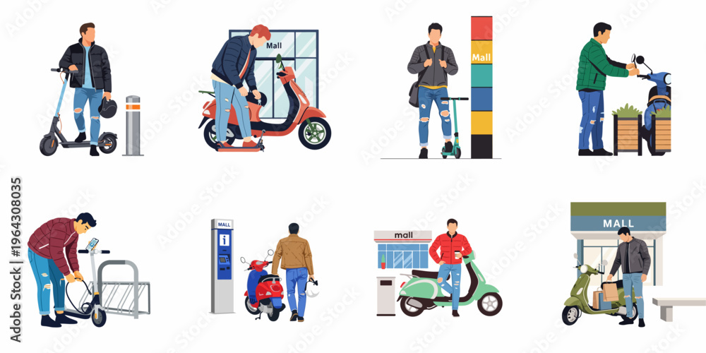 Fototapeta premium Set of flat illustrations featuring young men using electric scooters and motorbikes for urban commuting, shopping, and transportation around a city mall.