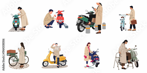 Flat vector illustrations of stylish people in trench coats using scooters and bicycles for city commuting and urban travel.