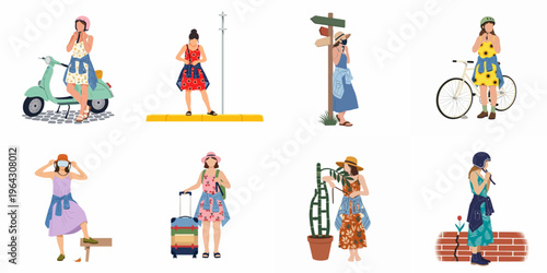 Collection of flat vector illustrations depicting women in summer fashion participating in travel activities like riding scooters, biking, and carrying luggage.