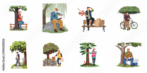 Set of various people in outdoor work and leisure scenes, including forestry workers, gardeners, and park visitors, illustrated in a flat vector style.