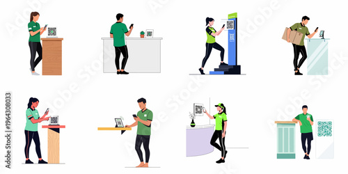 Set of vector illustrations featuring service workers using mobile phones to scan QR codes for check-ins, payments, and delivery tracking in commercial settings.
