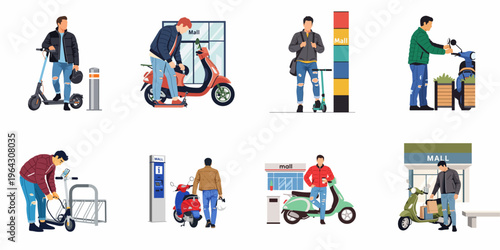 Set of flat illustrations featuring young men using electric scooters and motorbikes for urban commuting, shopping, and transportation around a city mall.