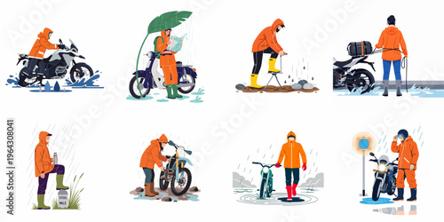 Set of illustrations depicting motorcyclists traveling and maintaining their bikes during rainy weather while wearing bright orange waterproof gear.