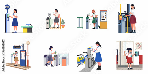 Set of illustrations showing schoolgirls using digital payment systems and mobile apps for public transportation, including buses, subways, and bike sharing.