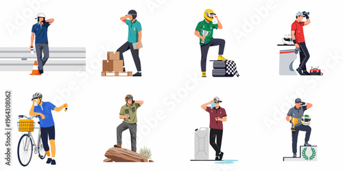 Set of flat vector illustrations depicting different characters, including racers and delivery workers, looking exhausted and sweating after physical activity or hard work.