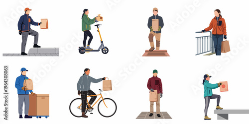 Set of delivery workers, men and women, delivering food and groceries in paper bags by bike, scooter, and on foot.